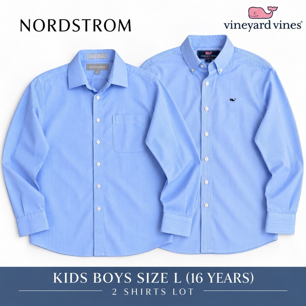 Lot of 2 Dress Shirt Boys L/ 16 Blue Stripe Button Up Preppy Vineyard Vines